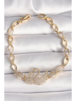 ® Pirinç Gold Renk Zirkon Taşlı Kuğu Figür Damla Zincir Model Kadın Bileklik