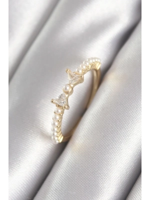 ® Pirinç Gold Renk Zirkon Taşlı Kurdele İnci Detay Kadın Yüzük