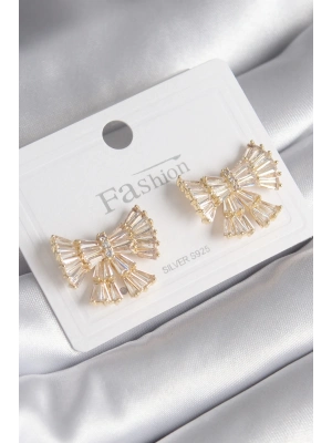 ® Pirinç Gold Renk Zirkon Taşlı Kurdele Model Kadın Küpe