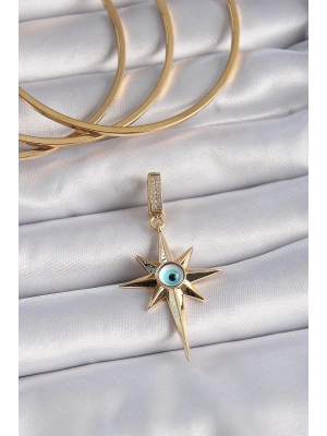 ® Pirinç Gold Renk Zirkon Taşlı Kutup Yıldızı Nazar Boncuk Detay Ajda Charm