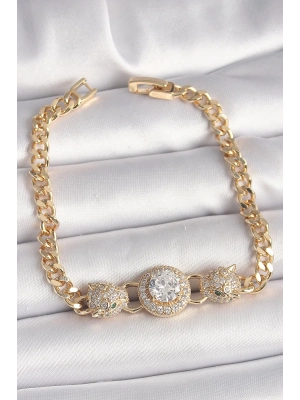® Pirinç Gold Renk Zirkon Taşlı Leopar Figür Zincir Model Kadın Bileklik