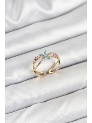 ® Pirinç Gold Renk Zirkon Taşlı Mavi Çiçekli Kadın Yüzük