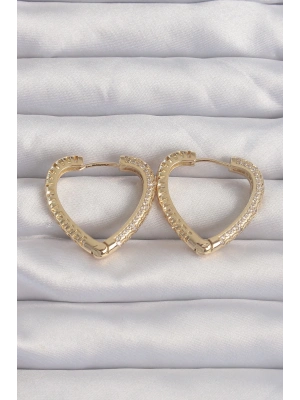 ® Pirinç Gold Renk Zirkon Taşlı Motifli Kalp Küpe