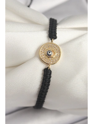 ® Pirinç Gold Renk Zirkon Taşlı Nazar Boncuk İşleme Makrome Asansörlü Model Kadın Bileklik