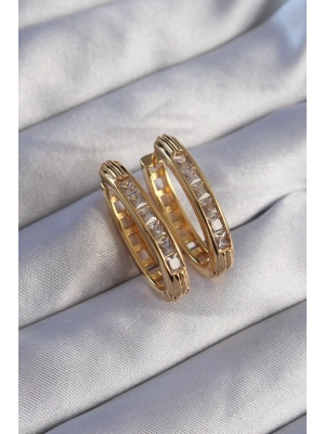 ® Pirinç Gold Renk Zirkon Taşlı Oval Model Küpe
