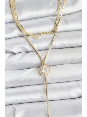 ® Pirinç Gold Renk Zirkon Taşlı Papatya Model Detaylı 3lü Kombin Y Kadın Kolye