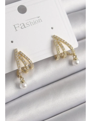 ® Pirinç Gold Renk Zirkon Taşlı Pençe Model İnci Detay Kadın Küpe