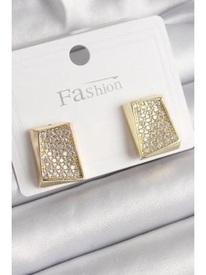 ® Pirinç Gold Renk Zirkon Taşlı Plaka Model Kadın Küpe
