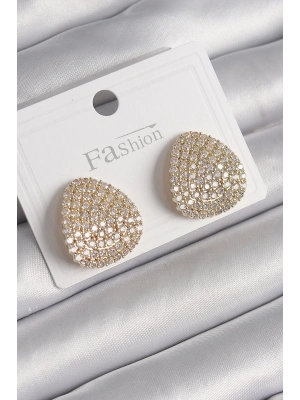 ® Pirinç Gold Renk Zirkon Taşlı Plaka Model Kadın Küpe