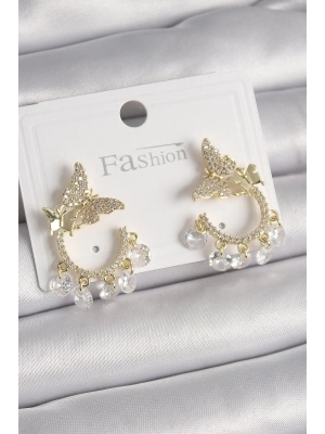 ® Pirinç Gold Renk Zirkon Taşlı Sallantı Detay Kelebek Model Kadın Küpe