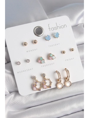 ® Pirinç Gold Renk Zirkon Taşlı Sallantı Halka Figür Kalp Detay 7 Çift Kadın Küpe