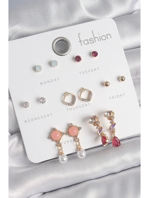 ® Pirinç Gold Renk Zirkon Taşlı Sallantı İnci Detay 7 Çift Kadın Küpe