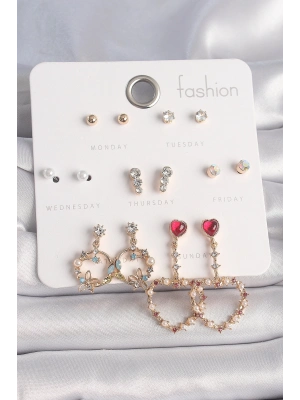 ® Pirinç Gold Renk Zirkon Taşlı Sallantı Kalp Figür 7 Çift Kadın Küpe Seti