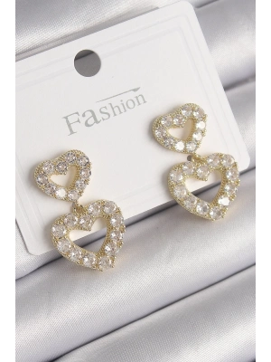 ® Pirinç Gold Renk Zirkon Taşlı Sallantı Kalp Model Kadın Küpe