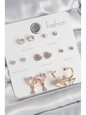 ® Pirinç Gold Renk Zirkon Taşlı Sallantılı Kalp Figür Kelebek Detay 7 Çift Kadın Küpe Seti