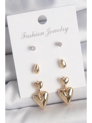® Pirinç Gold Renk Zirkon Taşlı Sallantılı Kalp Model 3 Çift Kadın Küpe Seti