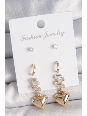 ® Pirinç Gold Renk Zirkon Taşlı Sallantılı Kalp Model Yarım Halka Detay 3 Çift Kadın Küpe Seti