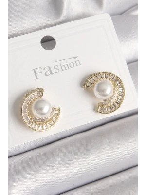 ® Pirinç Gold Renk Zirkon Taşlı Salyangoz Model İnci Detay Kadın Küpe