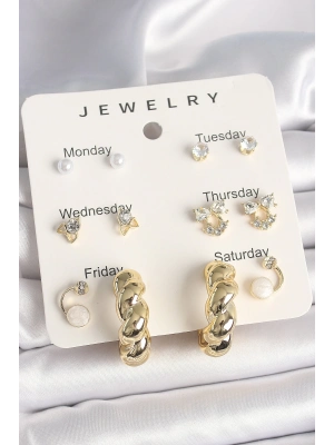 ® Pirinç Gold Renk Zirkon Taşlı Sarmal Halka Model 7Li Kadın Küpe Seti