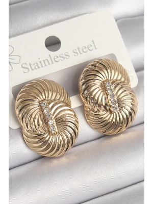® Pirinç Gold Renk Zirkon Taşlı Sarmal Model Kadın Küpe