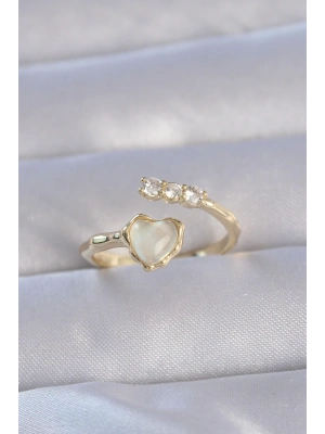® Pirinç Gold Renk Zirkon Taşlı Sedefli Kalp Model Ayarlanabilir Yüzük