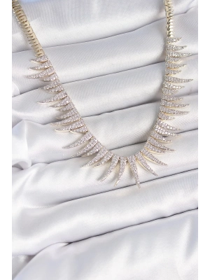 ® Pirinç Gold Renk Zirkon Taşlı Sivri Model VIP Seri Kadın Kolye