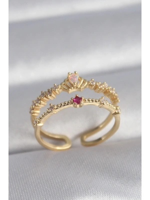 ® Pirinç Gold Renk Zirkon Taşlı Taç Model Kadın Yüzük
