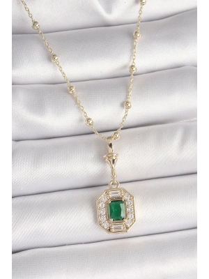 ® Pirinç Gold Renk Zirkon Taşlı Topçuk Zincir Serenay Model Kadın Kolye