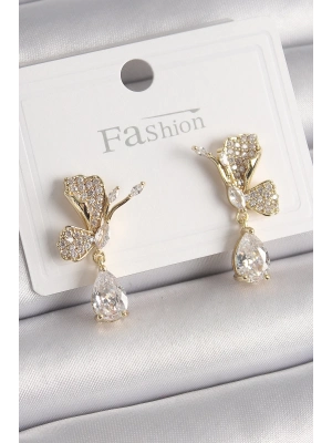 ® Pirinç Gold Renk Zirkon Taşlı Turna Kuşu Model Sallantı Detay Kadın Küpe