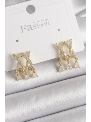 ® Pirinç Gold Renk Zirkon Taşlı X Model Sallantı Detay Kadın Küpe