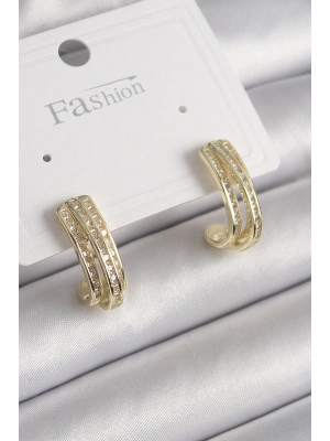 ® Pirinç Gold Renk Zirkon Taşlı Yarım Halka Model Kadın Küpe