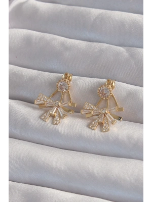 ® Pirinç Gold Renk Zirkon Taşlı Yassı Fiyonk Model Küpe