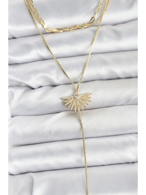 ® Pirinç Gold Renk Zirkon Taşlı Yelpaze Model Detaylı 3lü Kombin Y Kadın Kolye