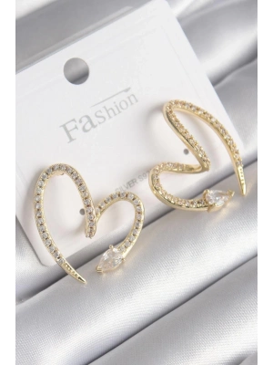 ® Pirinç Gold Renk Zirkon Taşlı Yılan Kalp Model Kadın Küpe