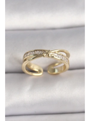 ® Pirinç Gold Renk Zirkon Taşlı Yıldız Detaylı Ayarlanabilir Kadın Yüzük