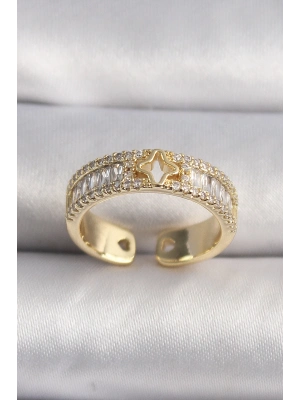 ® Pirinç Gold Renk Zirkon Taşlı Yıldız İşleme VIP Seri Kadın Yüzük