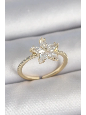 ® Pirinç Gold Renk Zirkon Taşlı Yıldız Model Ayarlanabilir Kadın Yüzük