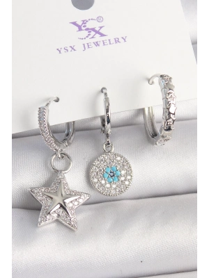 ® Pirinç Gold Renk Zirkon Taşlı Yıldız Model Nazar Boncuk Detay 3Lü Kadın Kombin Küpe