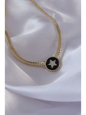 ® Pirinç Gold Renk Zirkon Taşlı Yıldız Model Siyah Mineli Ezme Zincirli Serenay Kolyesi