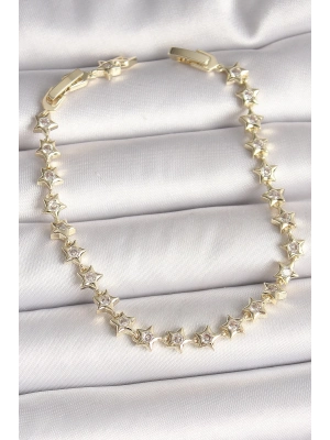 ® Pirinç Gold Renk Zirkon Taşlı Yıldız Model VIP Seri Kadın Bileklik