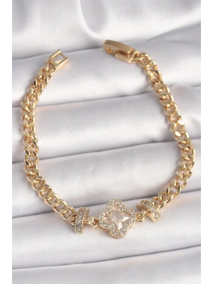 ® Pirinç Gold Renk Zirkon Taşlı Yonca Figür Zincir Model Kadın Bileklik