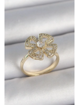 ® Pirinç Gold Renk Zirkon Taşlı Yonca Model Ayarlanabilir Kadın Yüzük