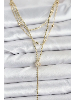 ® Pirinç Gold Renk Zirkon Taşlı Yonca Model Detaylı 3lü Kombin Y Kadın Kolye