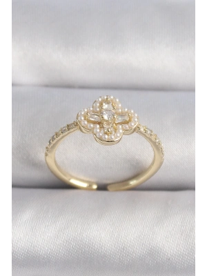 ® Pirinç Gold Renk Zirkon Taşlı Yonca Model İnci Detay Kadın Yüzük