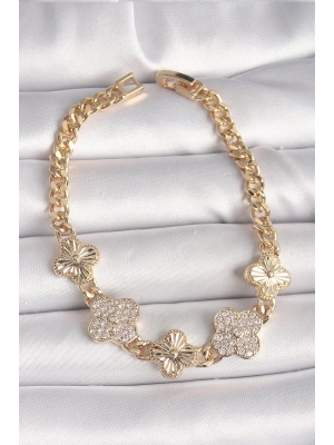 ® Pirinç Gold Renk Zirkon Taşlı Yonca Model Kadın Bileklik