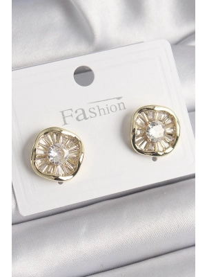 ® Pirinç Gold Renk Zirkon Taşlı Yonca Model Kadın Küpe