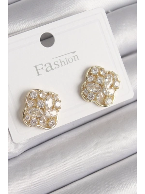 ® Pirinç Gold Renk Zirkon Taşlı Yonca Model Kadın Küpe