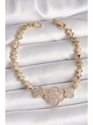 ® Pirinç Gold Renk Zirkon Taşlı Yonca Model Zincir Kadın Bileklik