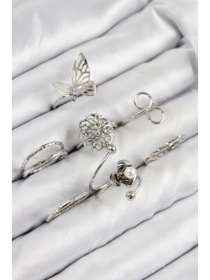 ® Pirinç Gül Kelebek Model Gümüş Renk Kadın Yüzük Kombin Set