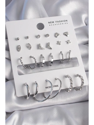 ® Pirinç Gümüş Renk 12 Çift Kadın Küpe Seti